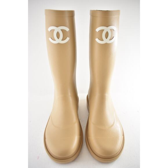 Chanel REV Beige White Wellington Wellies CC Logo Pull On Rubber Rain Boots 41 - Picture 13 of 16